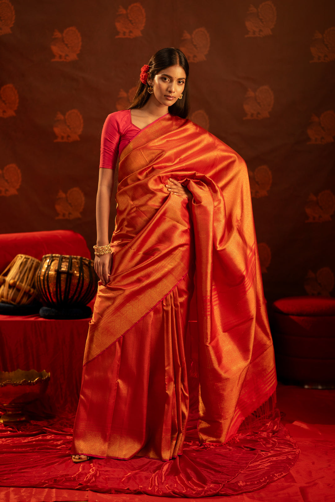 Vermillion Red brocade pure Kanchipuram silk saree
