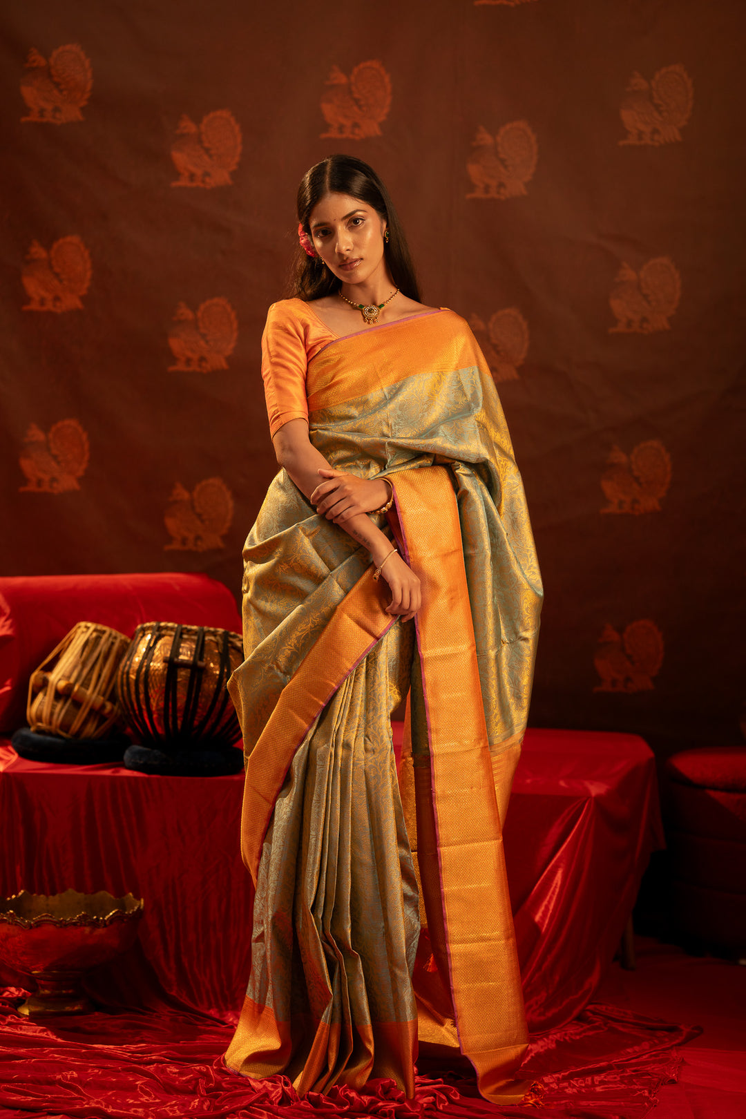 Turquoise blue vanasingaram brocade pure Kanchipuram silk saree