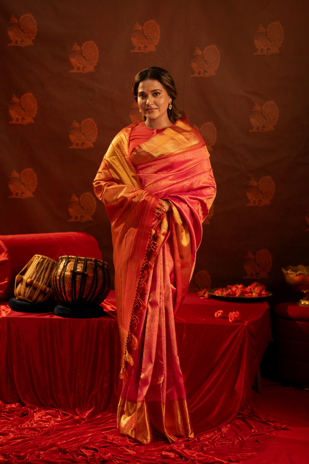Crimson red iruthalaipakshi brocade pure Kanchipuram silk saree