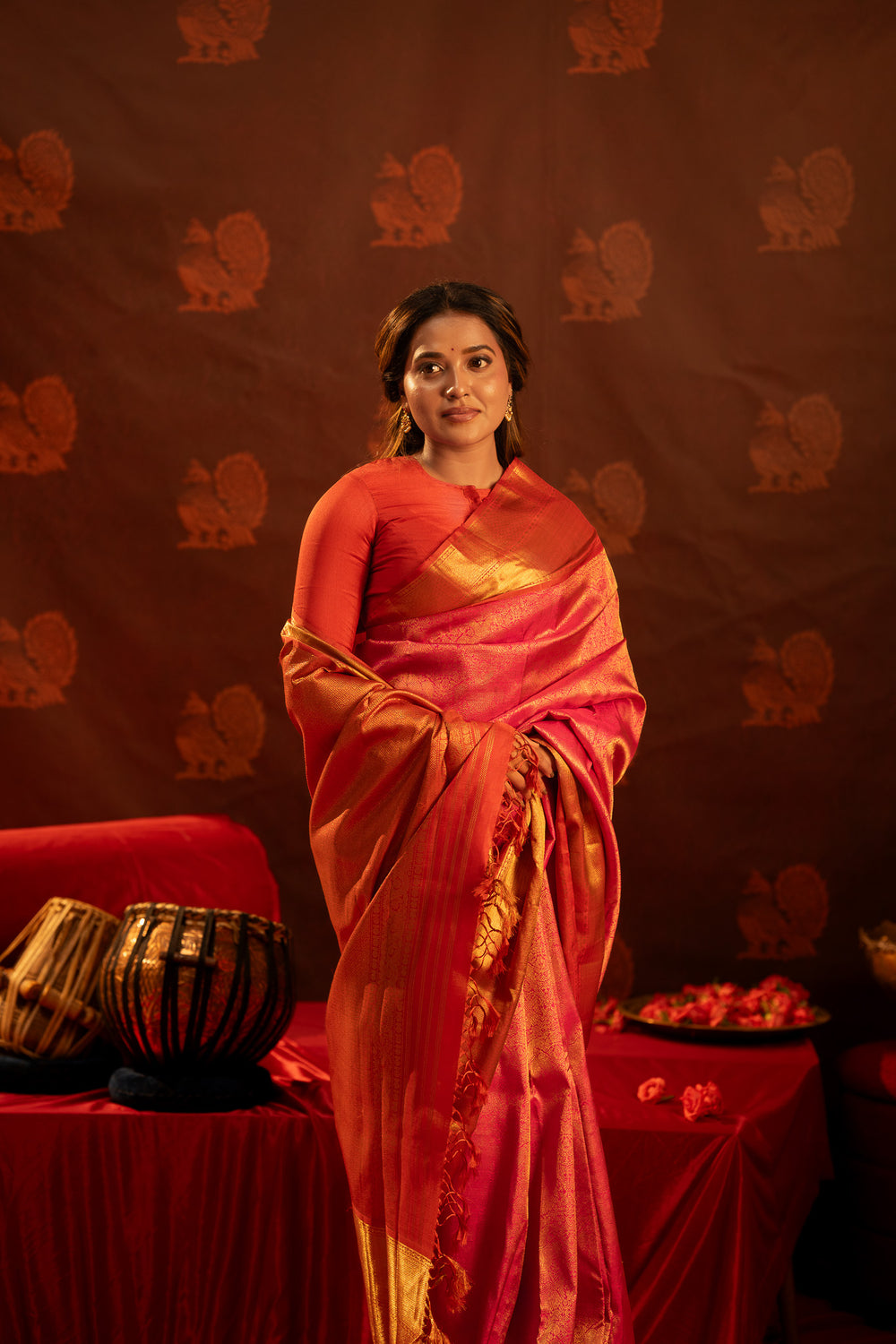 Crimson red iruthalaipakshi brocade pure Kanchipuram silk saree