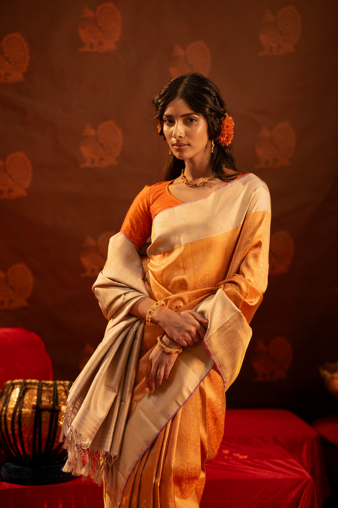 Peach and silver vanasingaram brocade pure Kanchipuram  silk saree