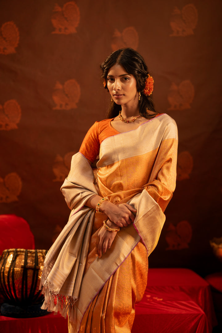 Peach and silver vanasingaram brocade pure Kanchipuram  silk saree