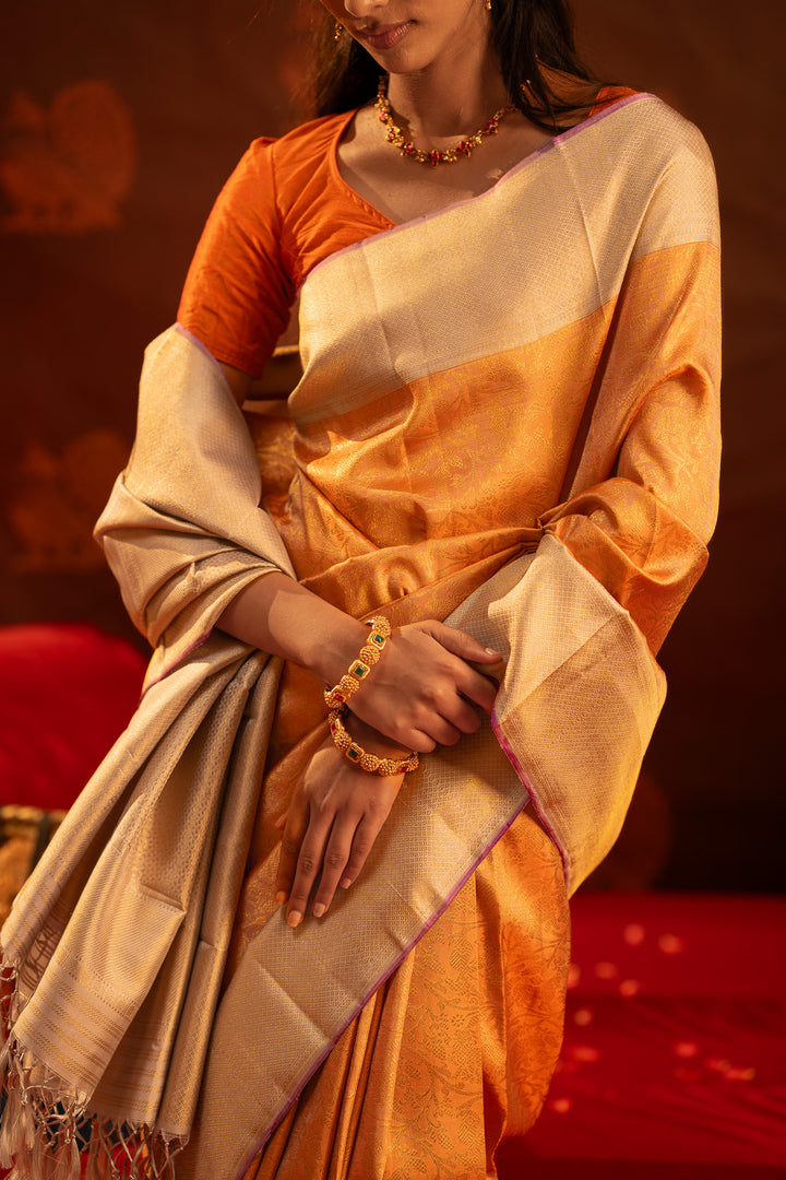 Peach and silver vanasingaram brocade pure Kanchipuram  silk saree