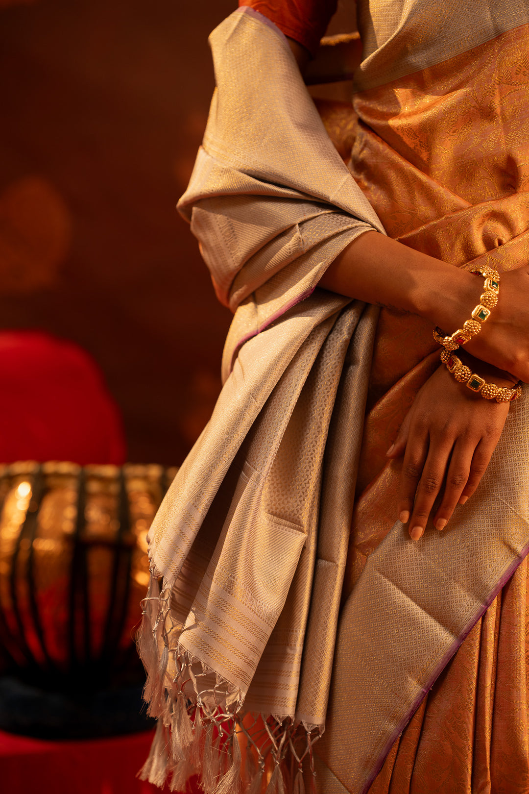 Peach and silver vanasingaram brocade pure Kanchipuram  silk saree