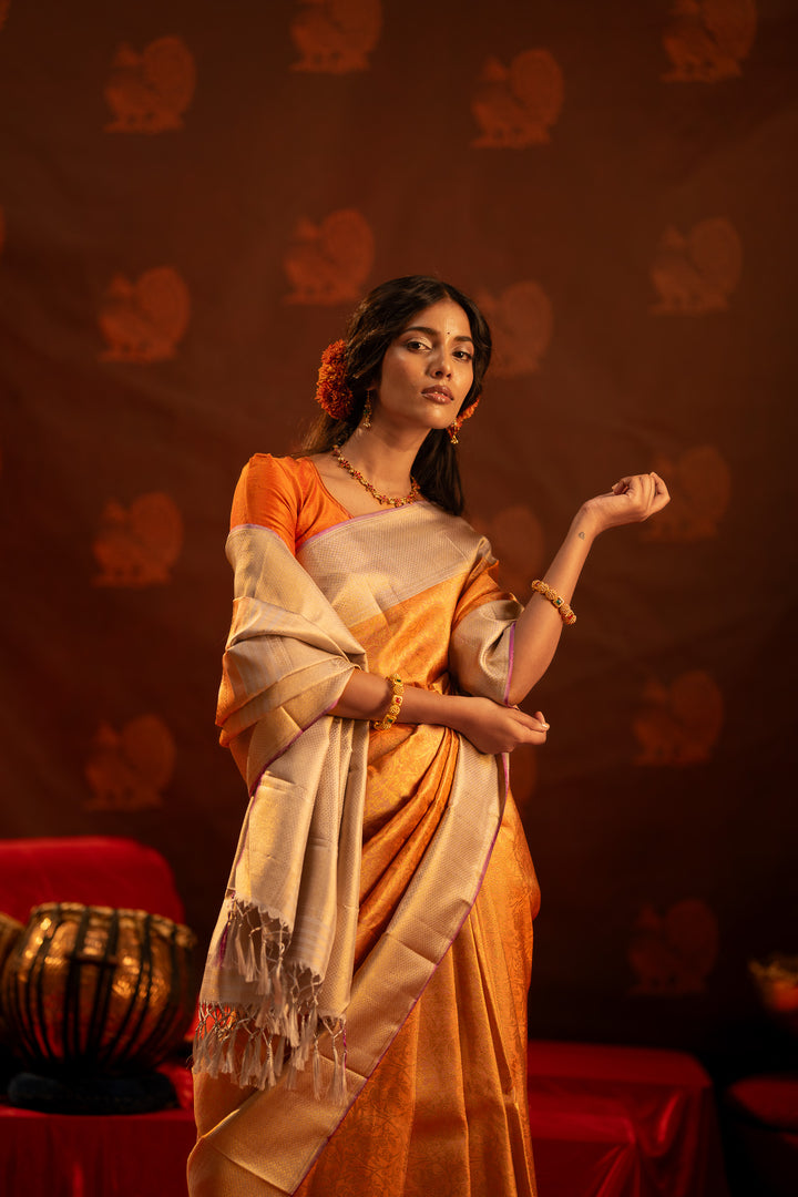 Peach and silver vanasingaram brocade pure Kanchipuram  silk saree