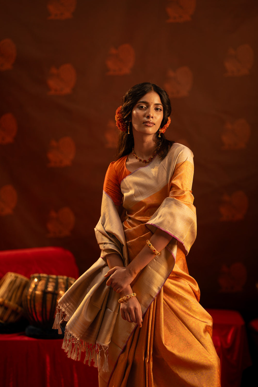 Peach and silver vanasingaram brocade pure Kanchipuram  silk saree