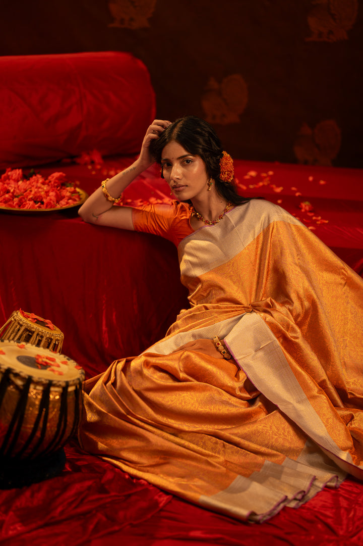 Peach and silver vanasingaram brocade pure Kanchipuram  silk saree