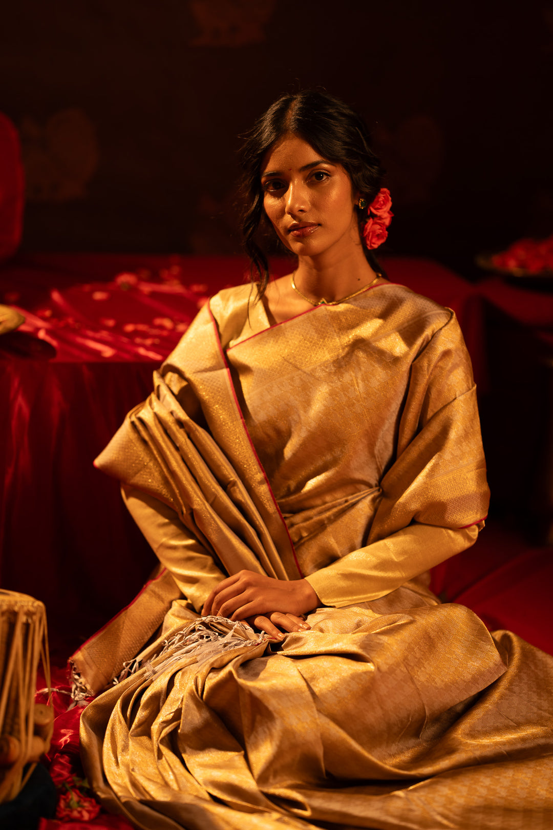 Champagne gold houndstooth brocade pure Kanchipuram silk saree