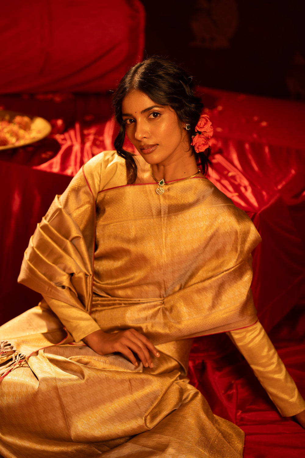 Champagne gold houndstooth brocade pure Kanchipuram silk saree