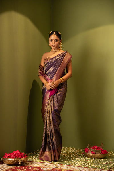 Eggplant purple mayil chakram brocade pure Kanchipuram silk saree