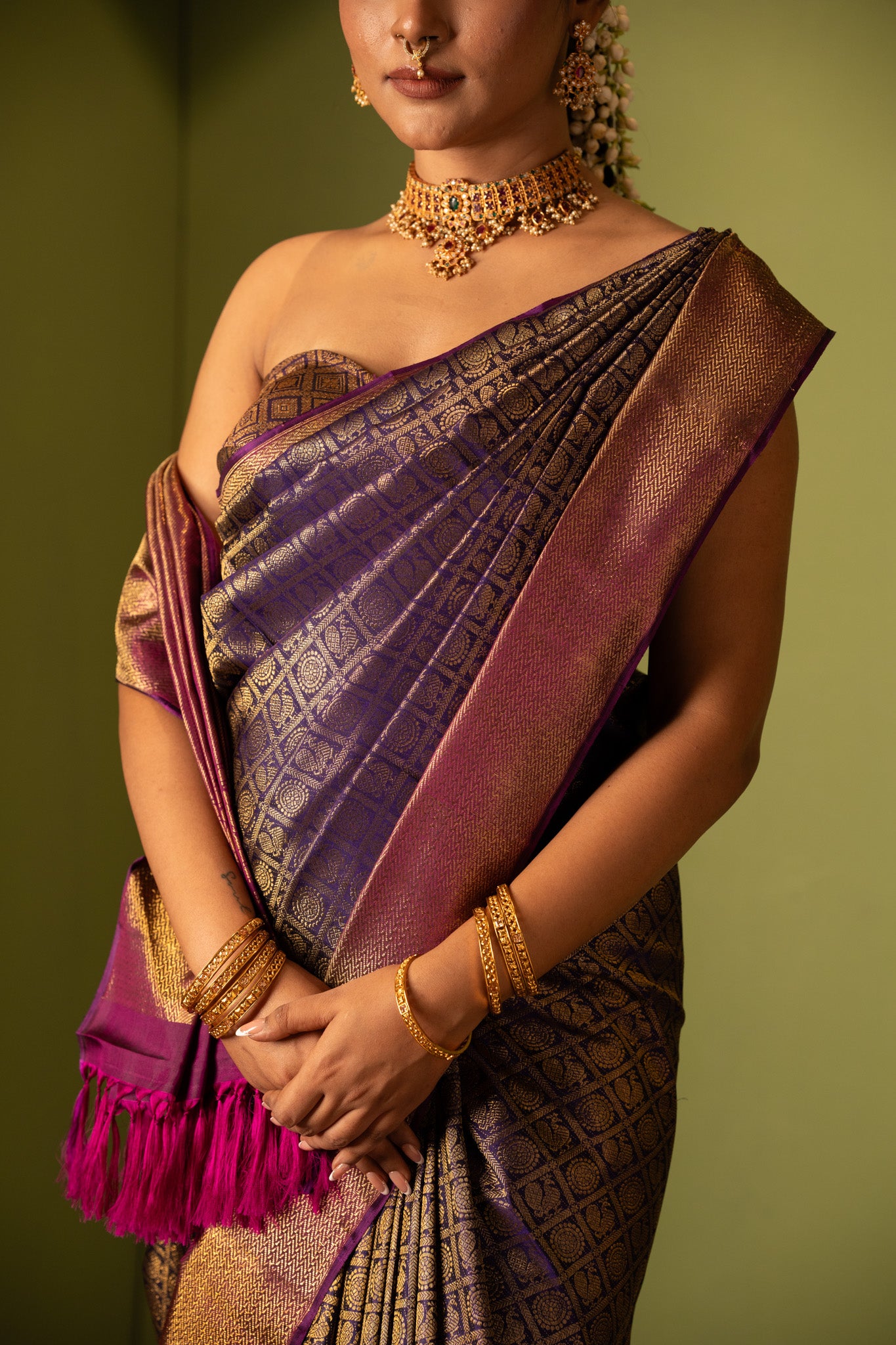 Eggplant purple mayil chakram brocade pure Kanchipuram silk saree