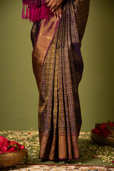 Eggplant purple mayil chakram brocade pure Kanchipuram silk saree