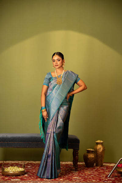 Peacock blue paisley brocade pure Kanchipuram silk saree