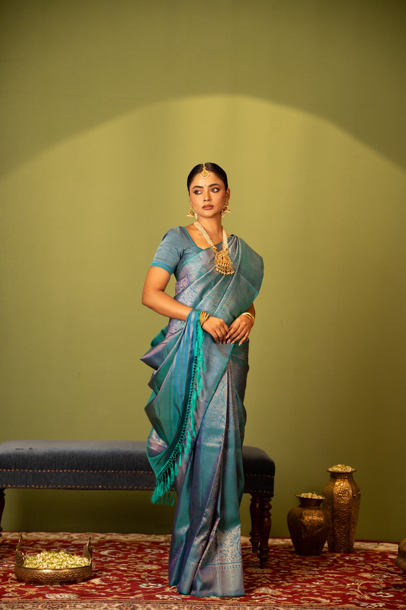 Peacock blue paisley brocade pure Kanchipuram silk saree