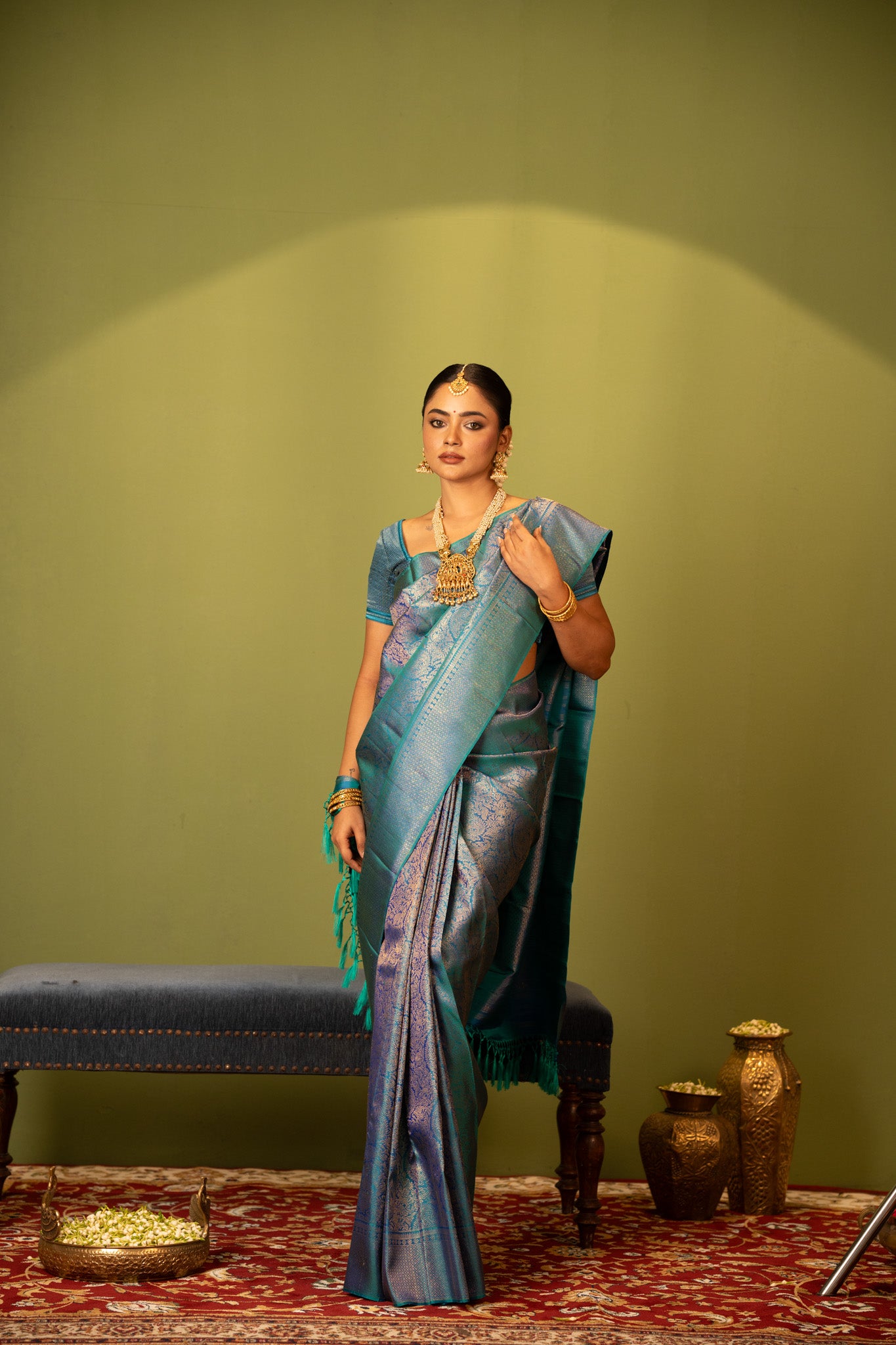 Peacock blue paisley brocade pure Kanchipuram silk saree