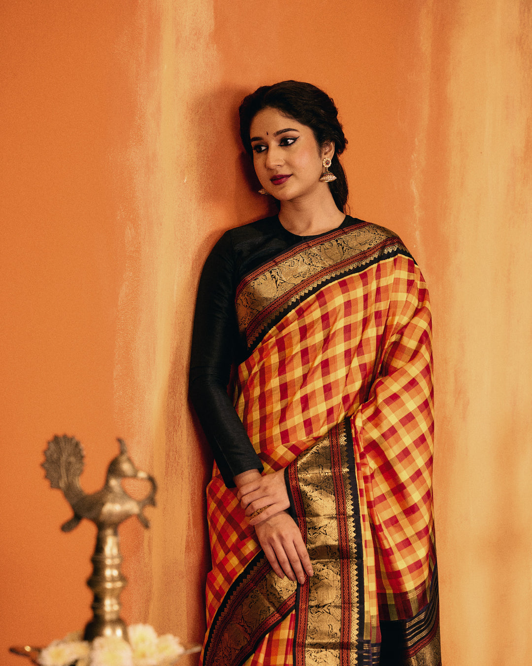 Orange and black classic multi checks pure Kanchipuram silk saree