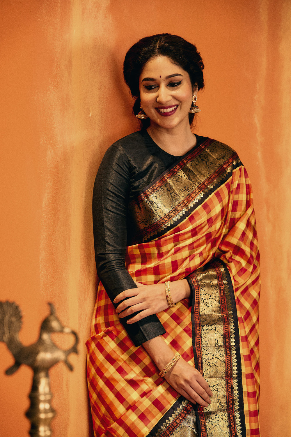 Orange and black classic multi checks pure Kanchipuram silk saree