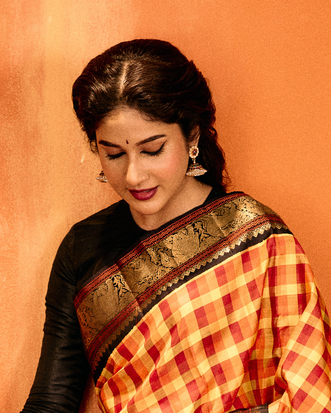 Orange and black classic multi checks pure Kanchipuram silk saree
