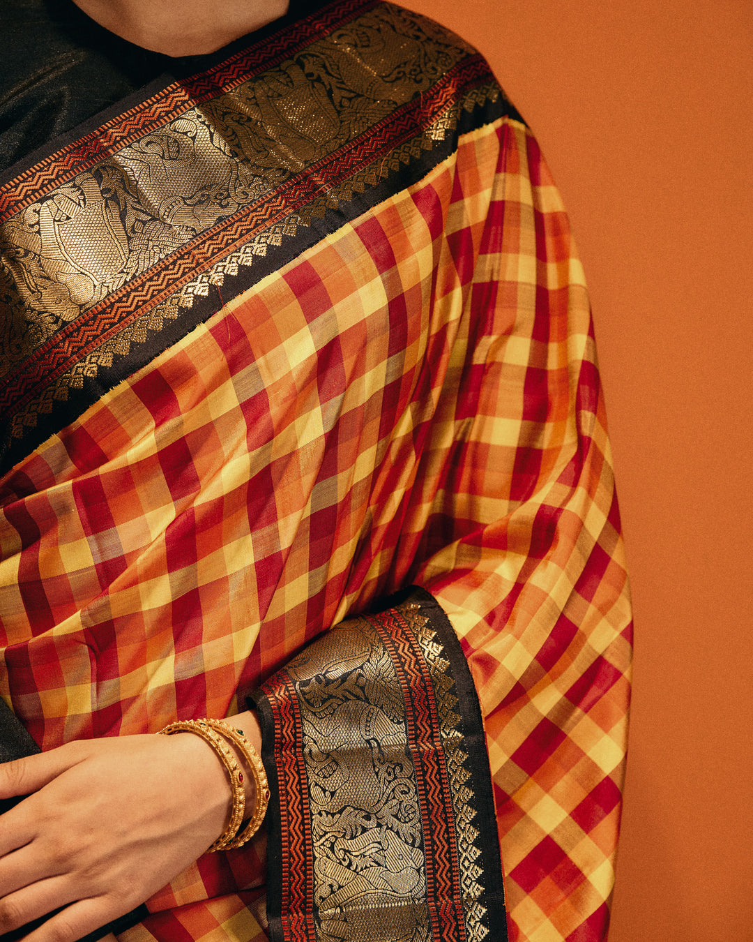 Orange and black classic multi checks pure Kanchipuram silk saree