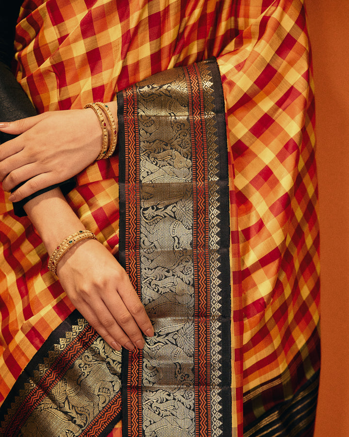 Orange and black classic multi checks pure Kanchipuram silk saree