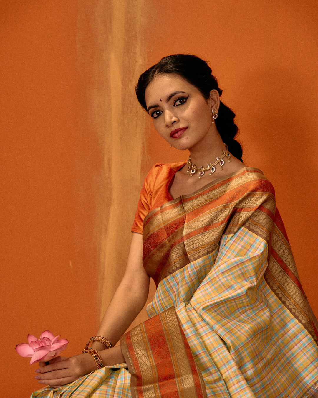 Pastel multi checks varisaipettu pure threadwork Kanchipuram silk saree