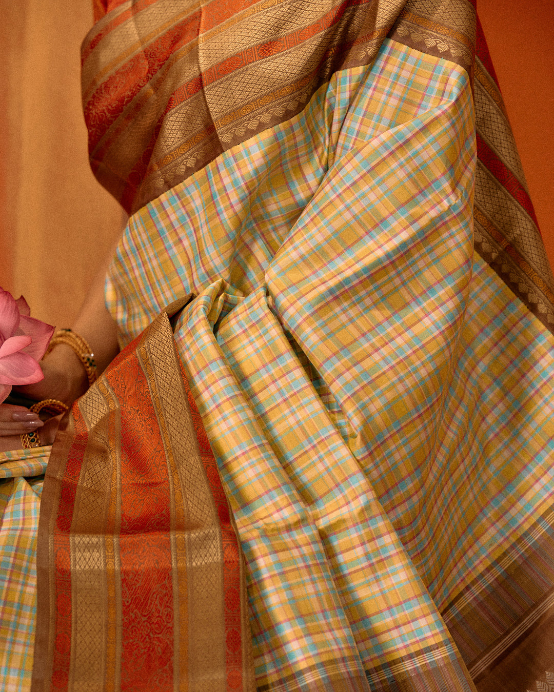 Pastel multi checks varisaipettu pure threadwork Kanchipuram silk saree