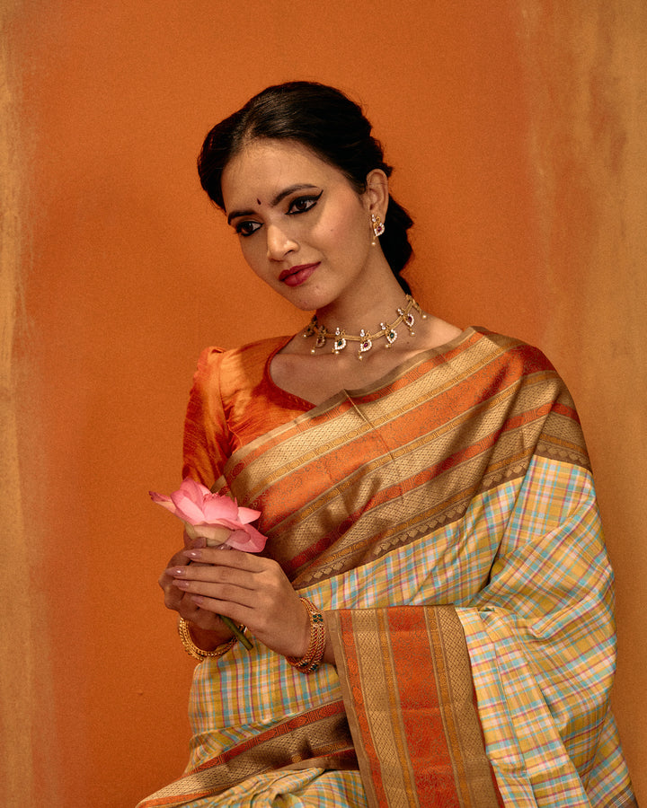 Pastel multi checks varisaipettu pure threadwork Kanchipuram silk saree