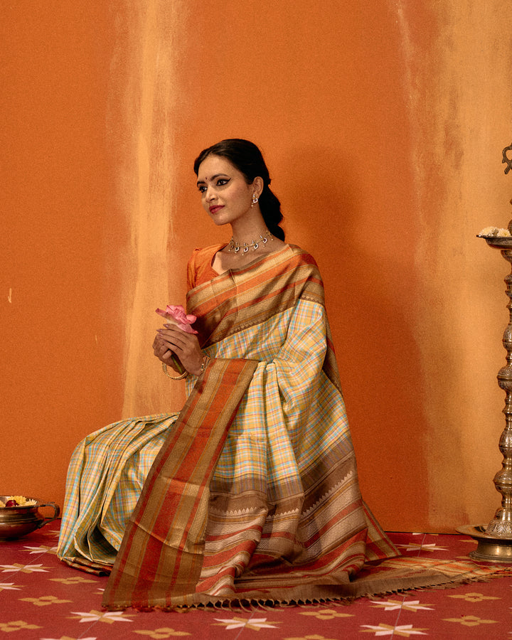 Pastel multi checks varisaipettu pure threadwork Kanchipuram silk saree