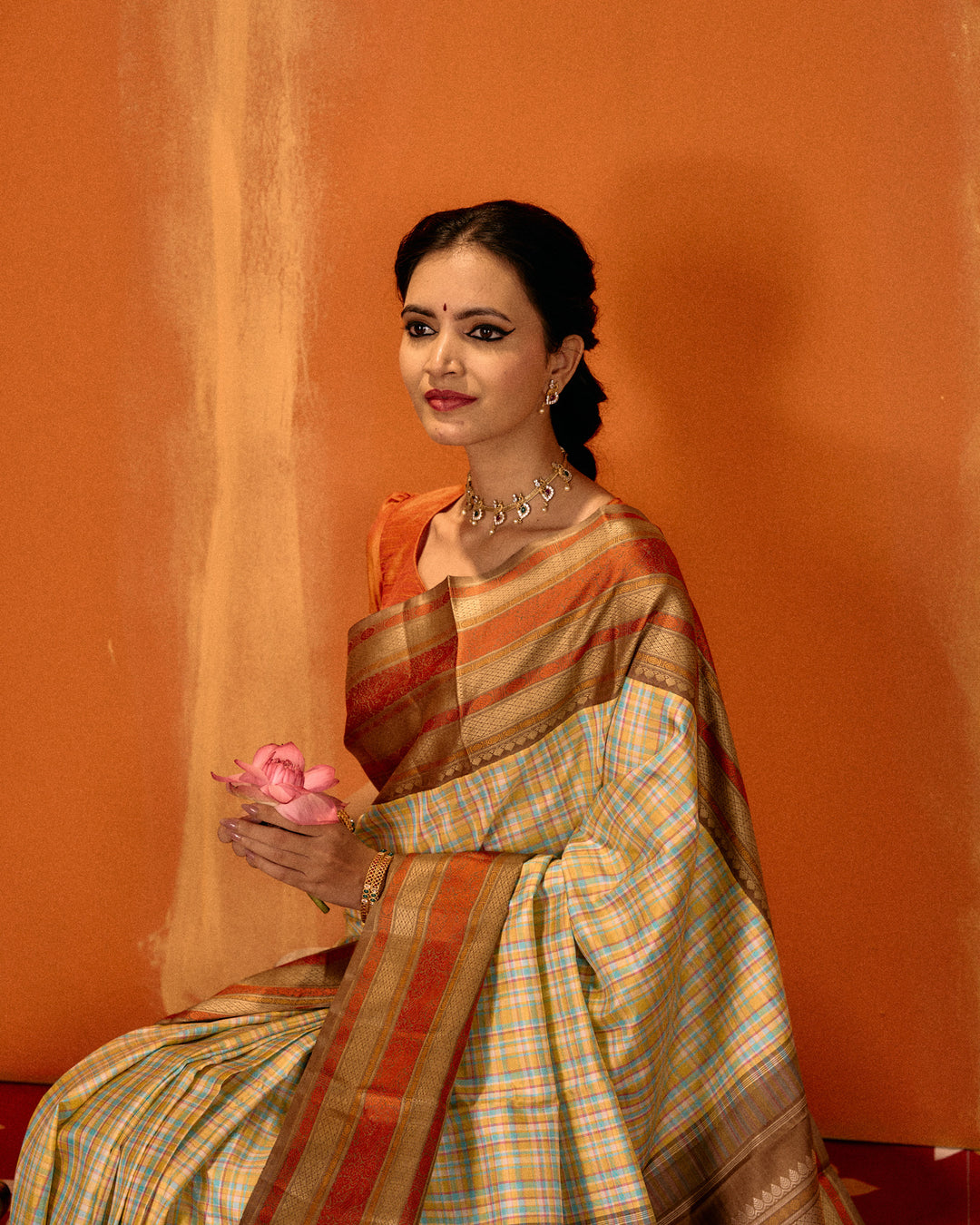 Pastel multi checks varisaipettu pure threadwork Kanchipuram silk saree