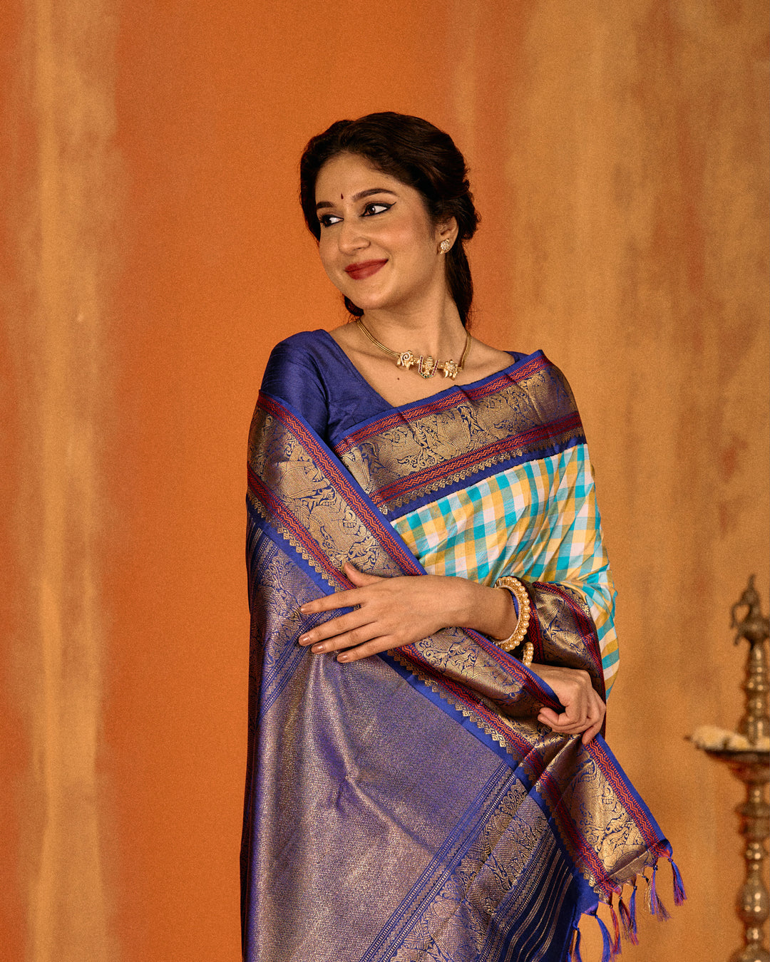 Blue and indigo classic multi checks pure Kanchipuram silk saree
