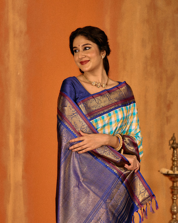 Blue and indigo classic multi checks pure Kanchipuram silk saree