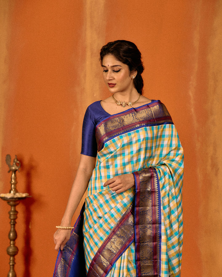 Blue and indigo classic multi checks pure Kanchipuram silk saree