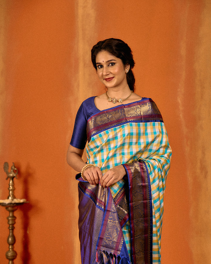 Blue and indigo classic multi checks pure Kanchipuram silk saree