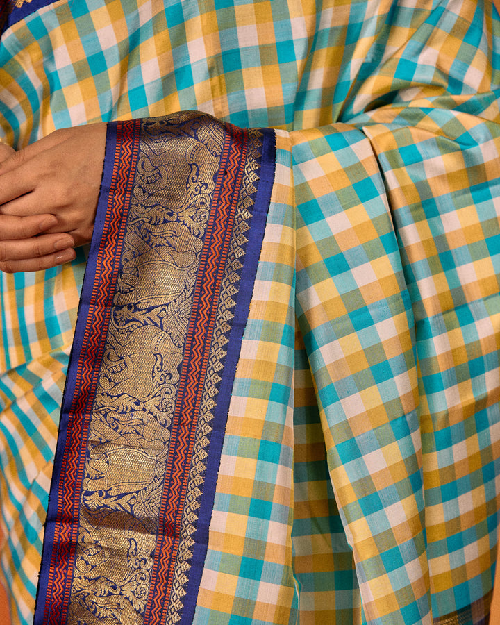 Blue and indigo classic multi checks pure Kanchipuram silk saree