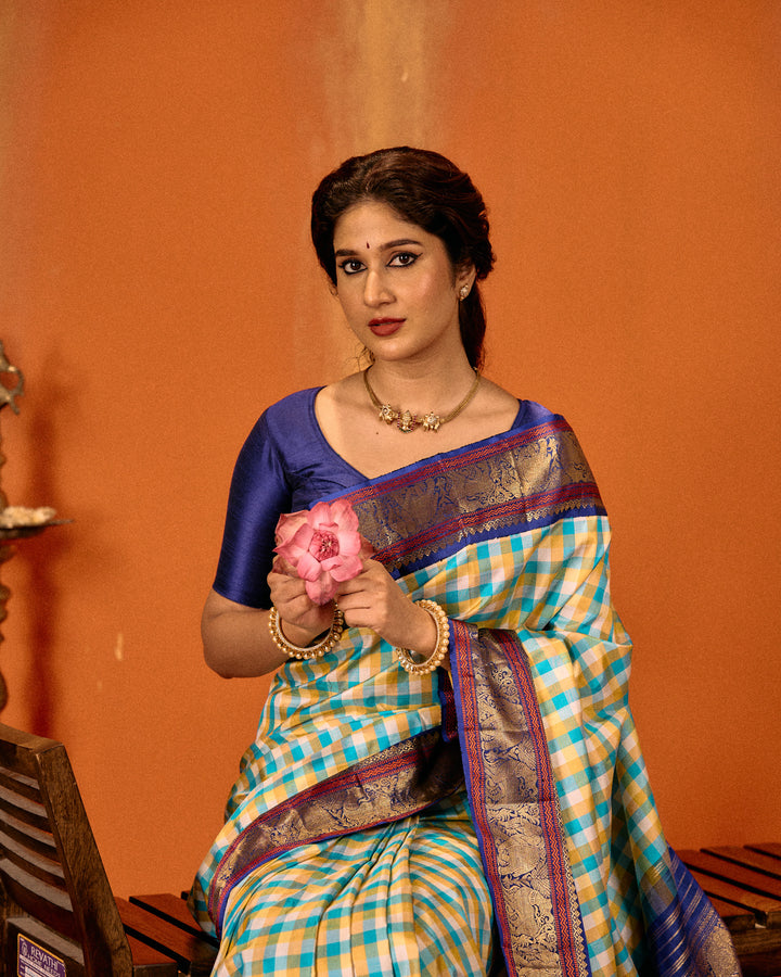 Blue and indigo classic multi checks pure Kanchipuram silk saree