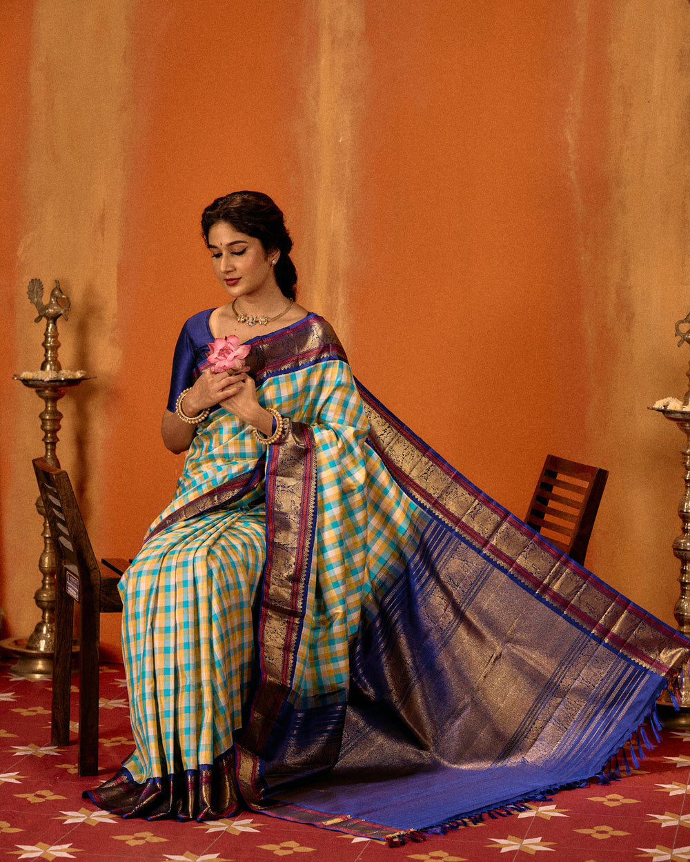 Blue and indigo classic multi checks pure Kanchipuram silk saree