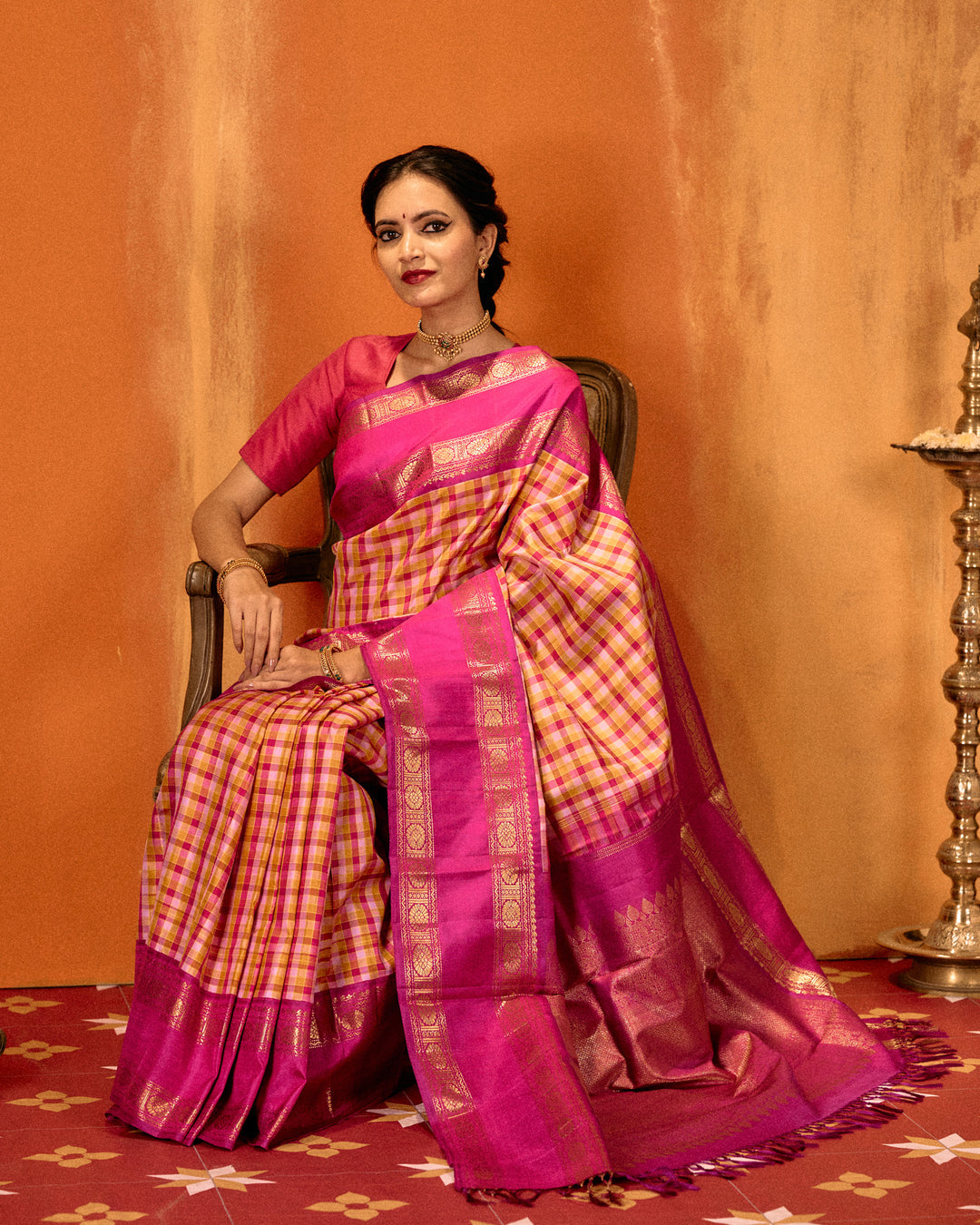 Magenta classic checks rettai pettu pure Kanchipuram silk saree
