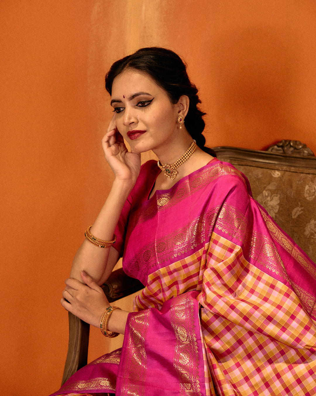 Magenta classic checks rettai pettu pure Kanchipuram silk saree