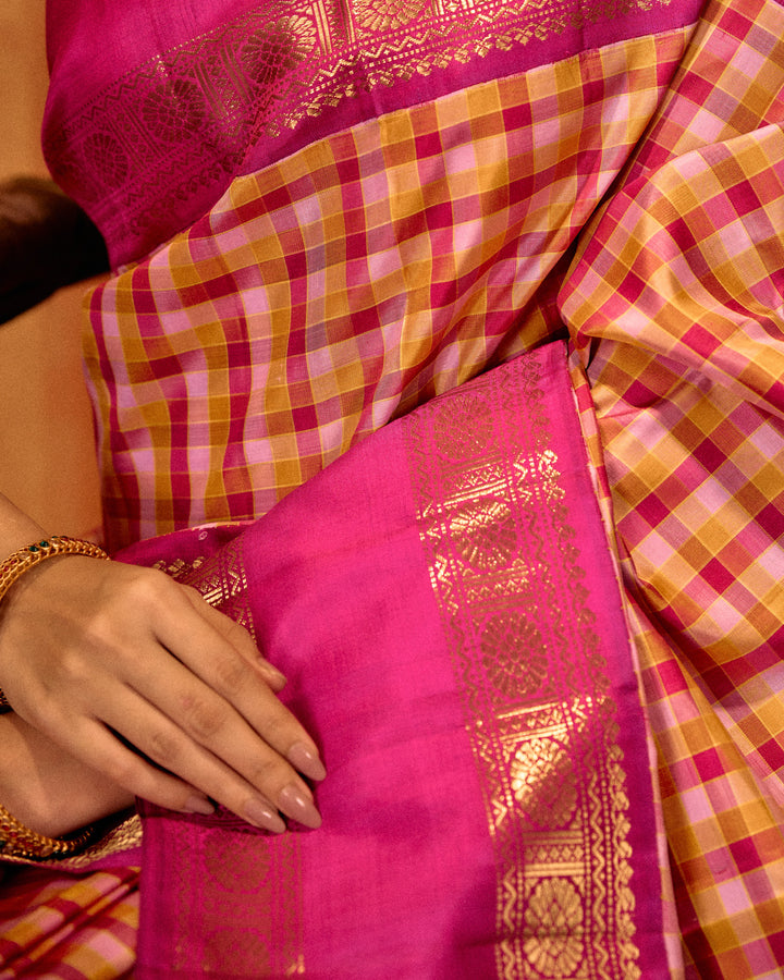 Magenta classic checks rettai pettu pure Kanchipuram silk saree
