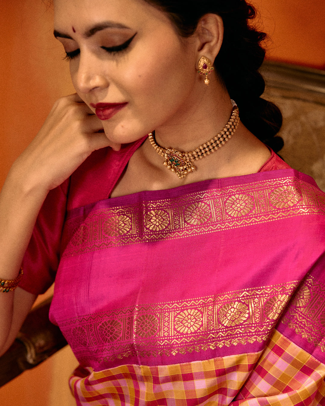 Magenta classic checks rettai pettu pure Kanchipuram silk saree