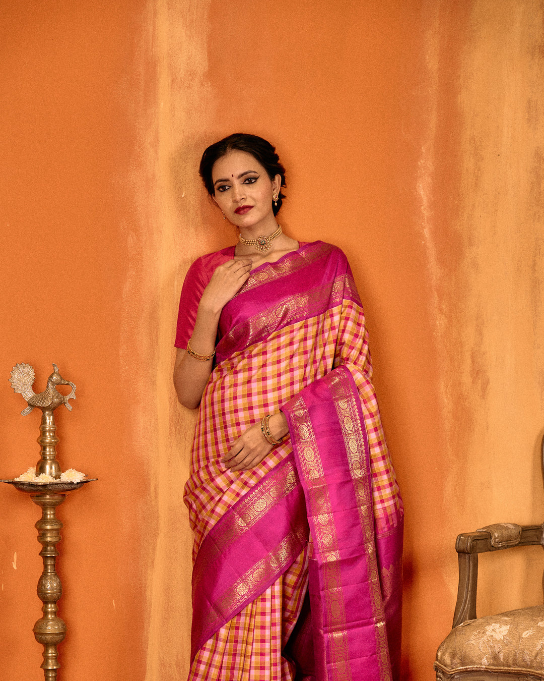 Magenta classic checks rettai pettu pure Kanchipuram silk saree