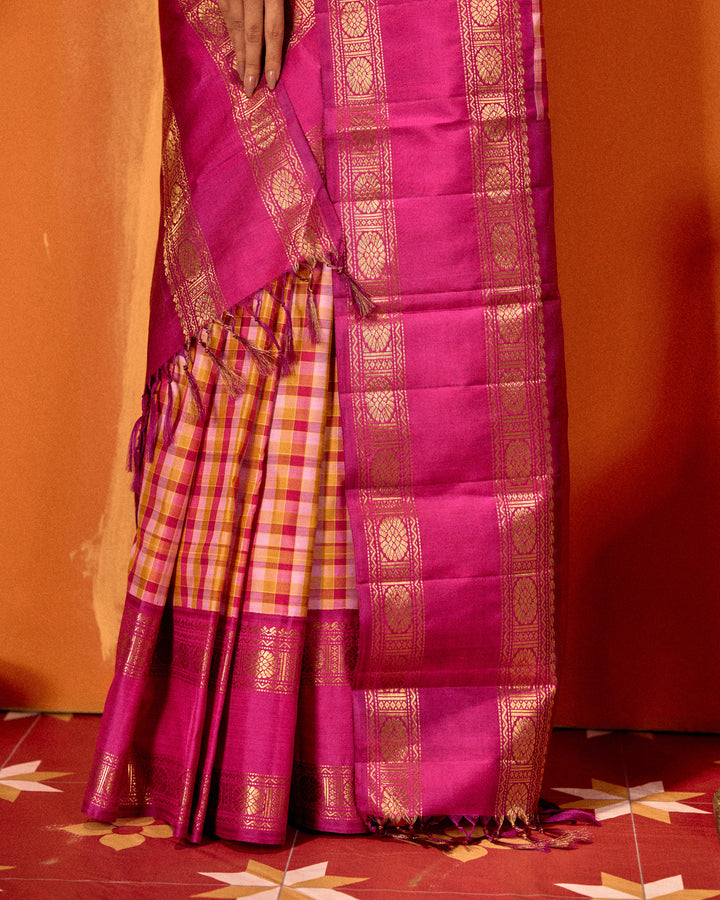 Magenta classic checks rettai pettu pure Kanchipuram silk saree