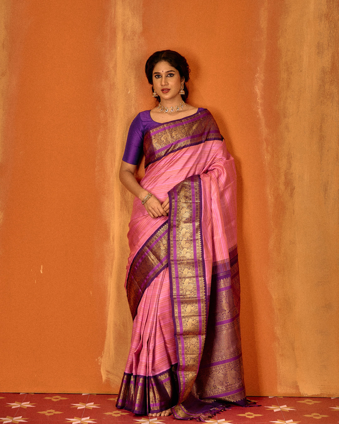 Pink and purple stripes pure Kanchipuram silk saree