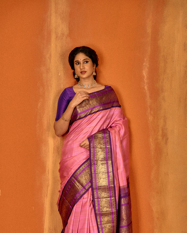 Pink and purple stripes pure Kanchipuram silk saree