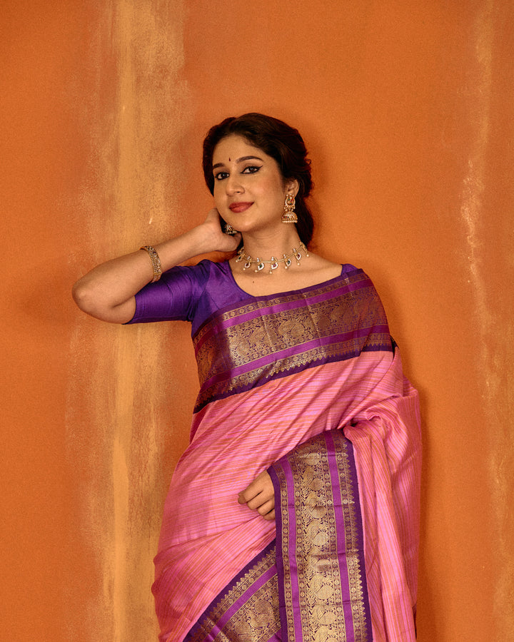 Pink and purple stripes pure Kanchipuram silk saree