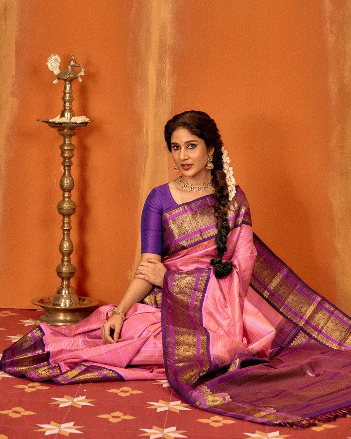 Pink and purple stripes pure Kanchipuram silk saree