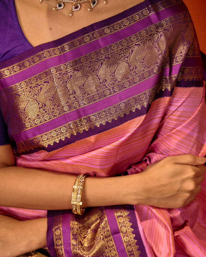 Pink and purple stripes pure Kanchipuram silk saree