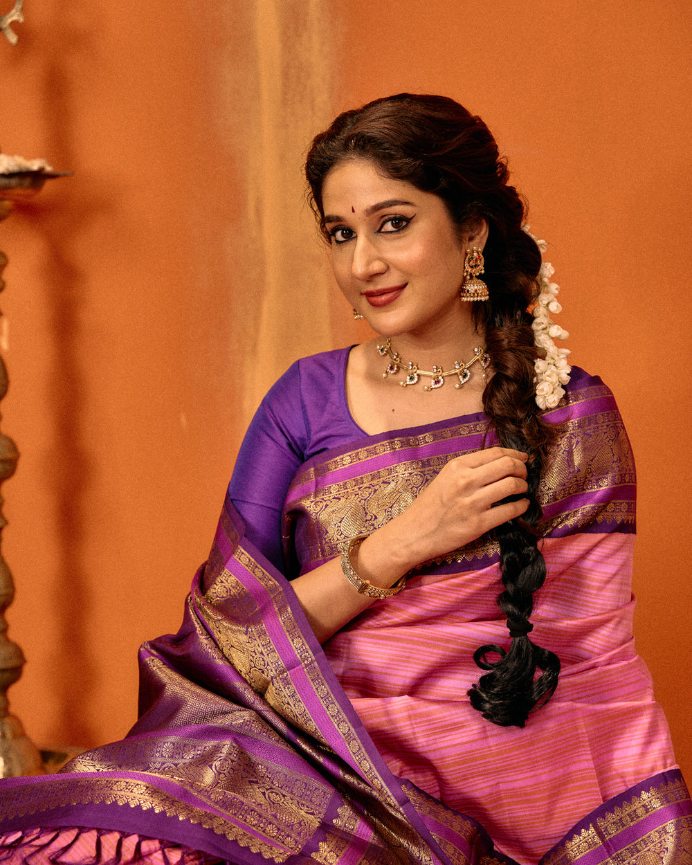 Pink and purple stripes pure Kanchipuram silk saree