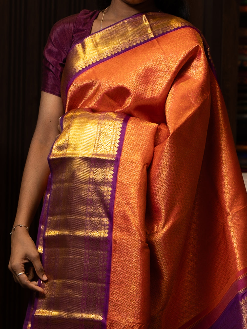 Crimson Red and Navy Blue Brocade Pure Kanchipuram Silk Saree - Clio Silks