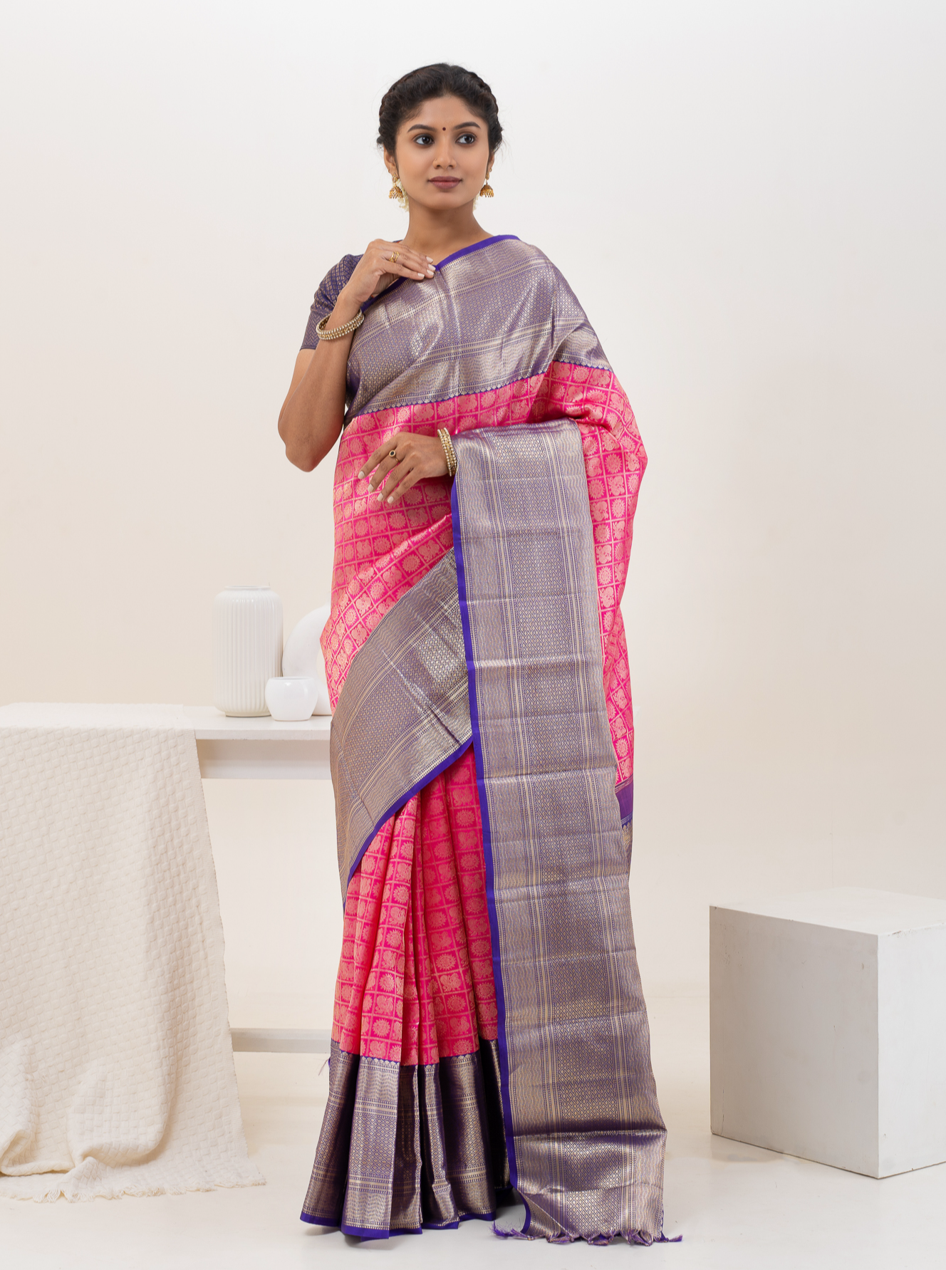 Fuscia Pink Brocade Pure Kanchipuram Wedding Silk Saree - Clio Silks